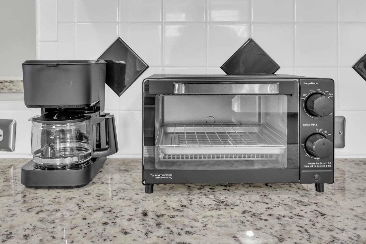 Simple drip coffee maker with coffee provided, making mornings easy before exploring Frisco or settling in for the day. Enjoy a crispy bagel with this classic toaster oven. 