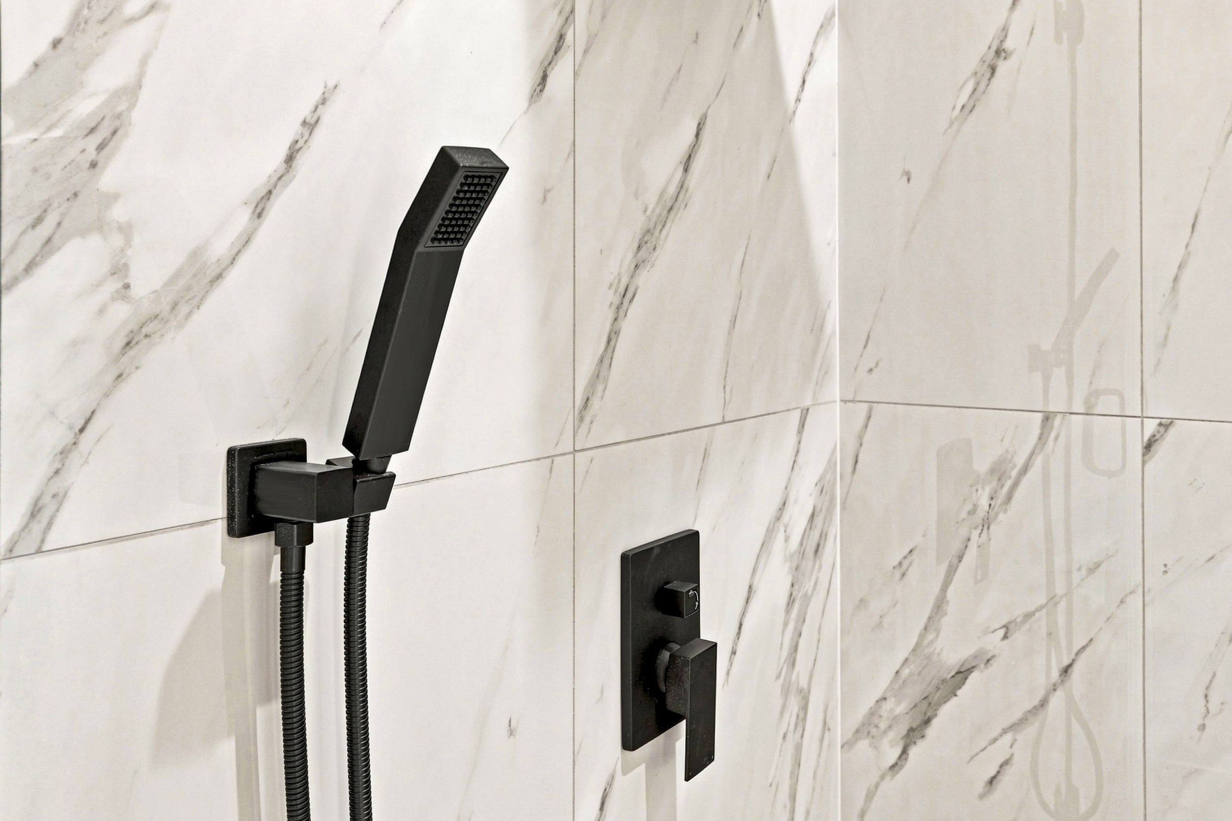Enjoy modern elegance with a stylish black finish and beautiful marble backdrop!