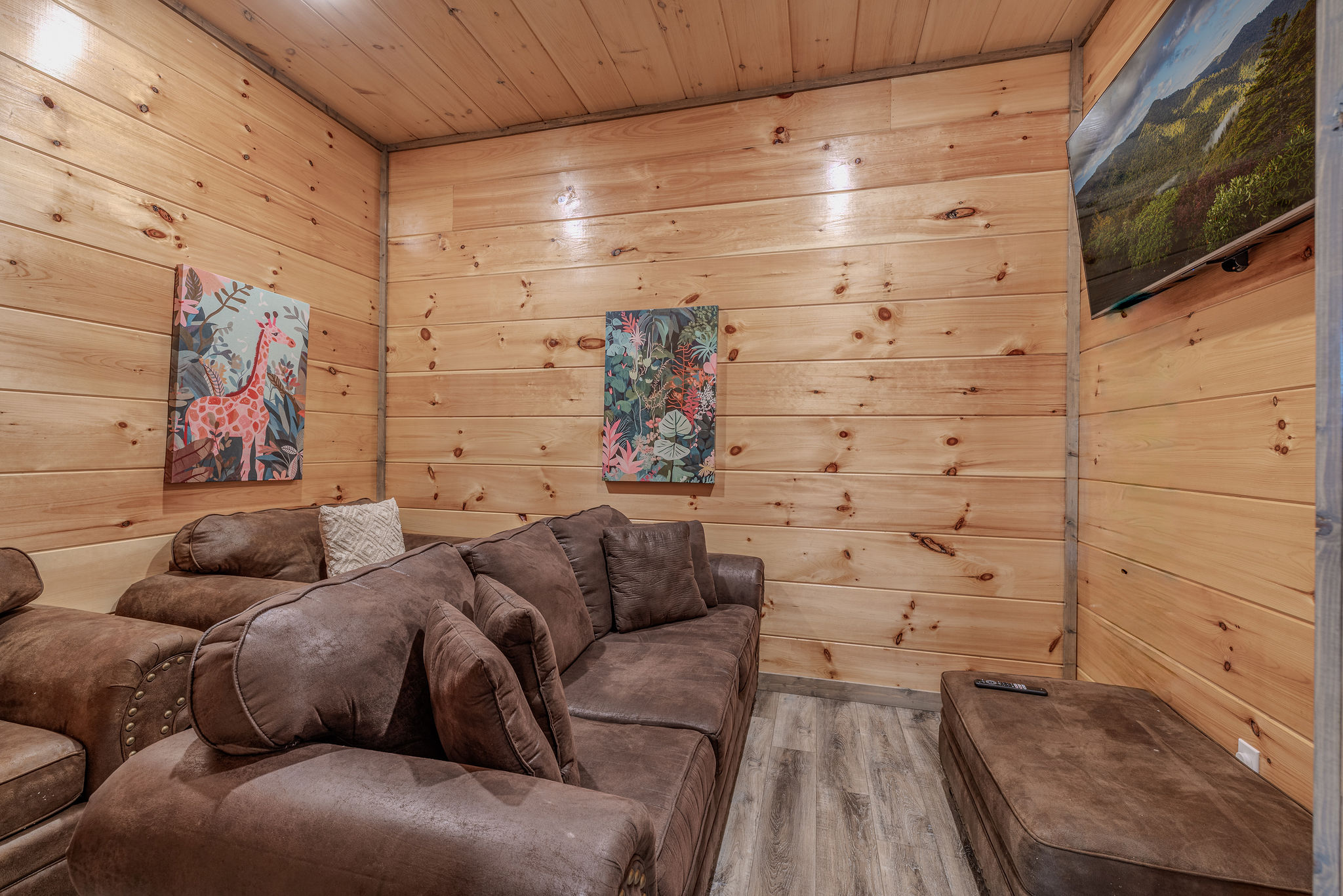 The lower-level theater gives guests a separate entertainment space away from the main living room.