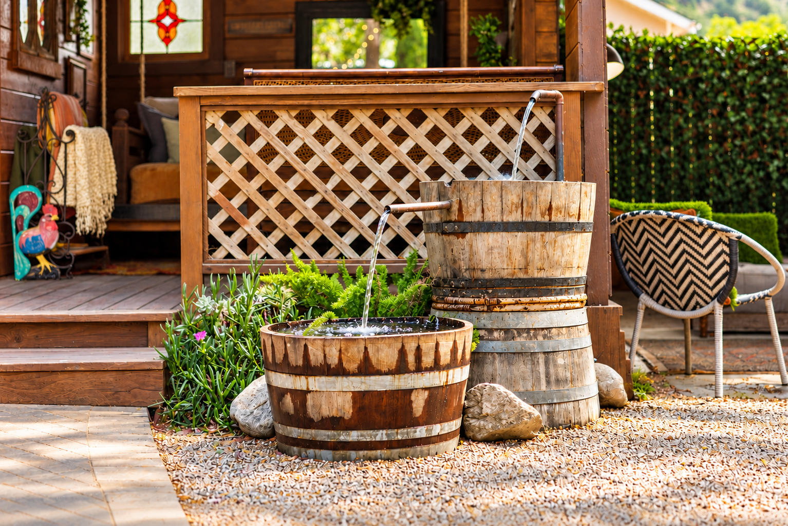 Our custom-designed, handcrafted wine barrel fountain adds a soothing soundtrack to your stay, with gently flowing water heard from both the backyard and kitchen.