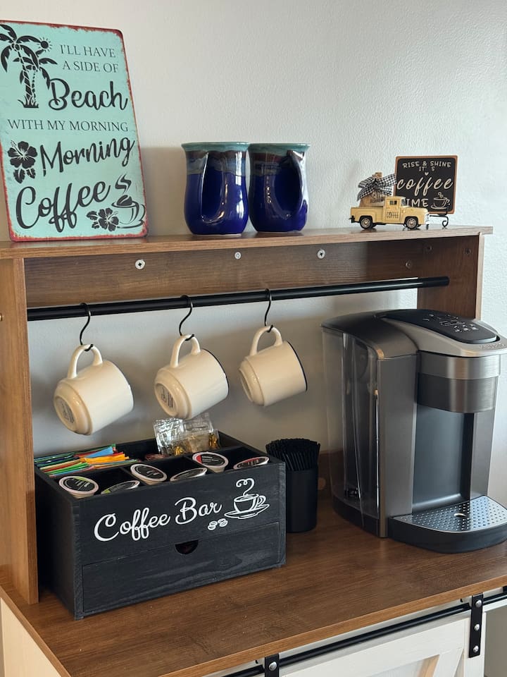 Prepare your morning coffee or tea before retreating to the balcony. Enjoy beautiful morning views of the bay while you enjoy your morning beverage ☕️ 
