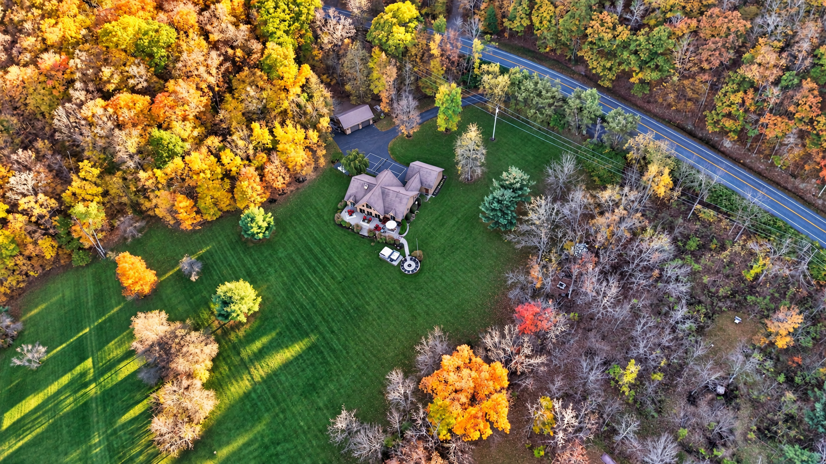 Aerial perspective of open lawn and mature trees