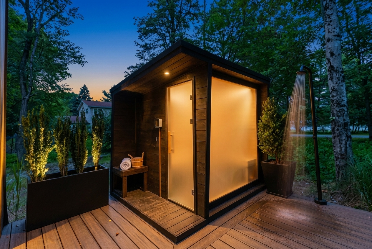 The sauna glows when the sun drops