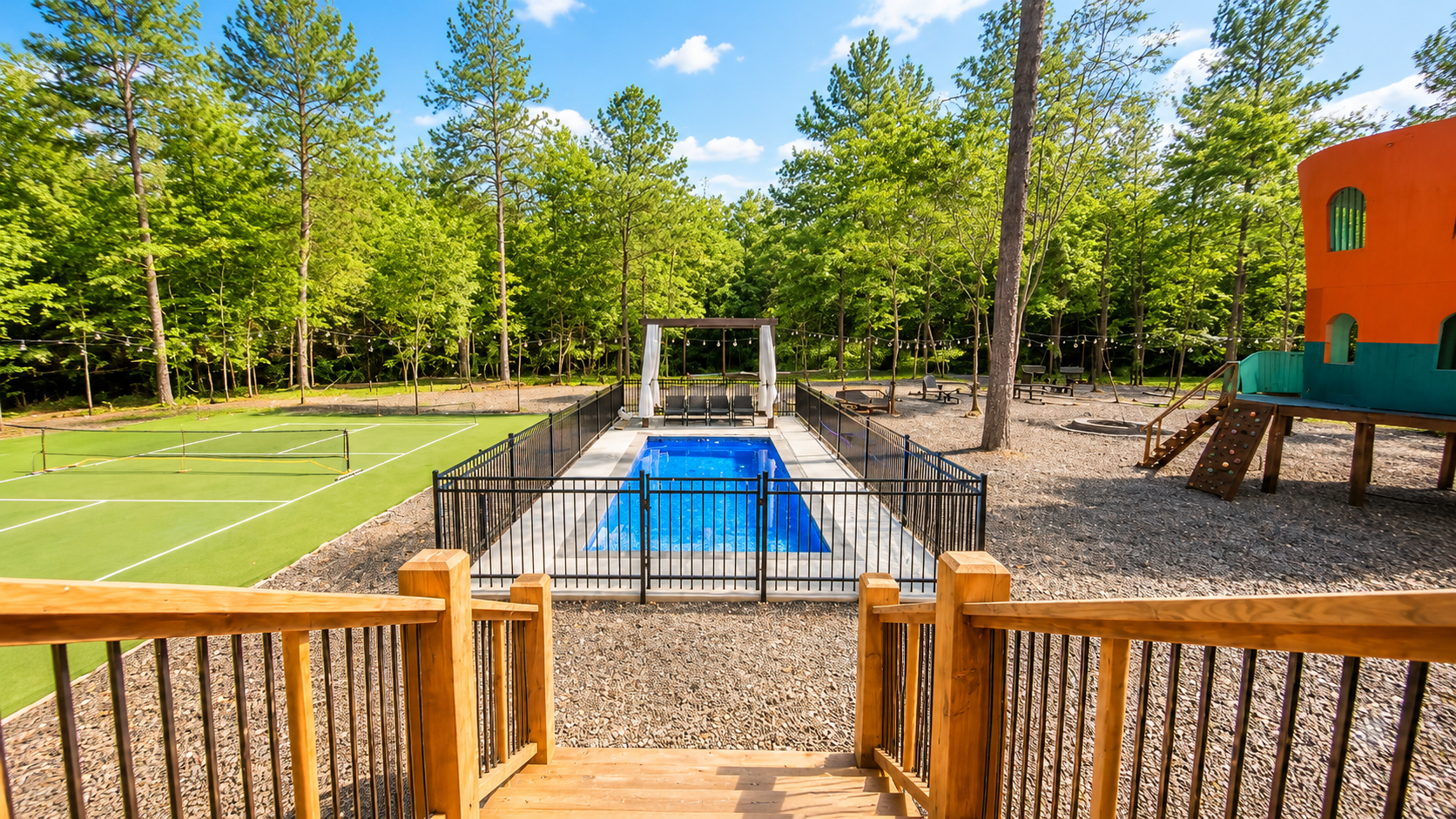 Outdoor Oasis: Dive into fun with a private pool, tennis courts, and playful surroundings!