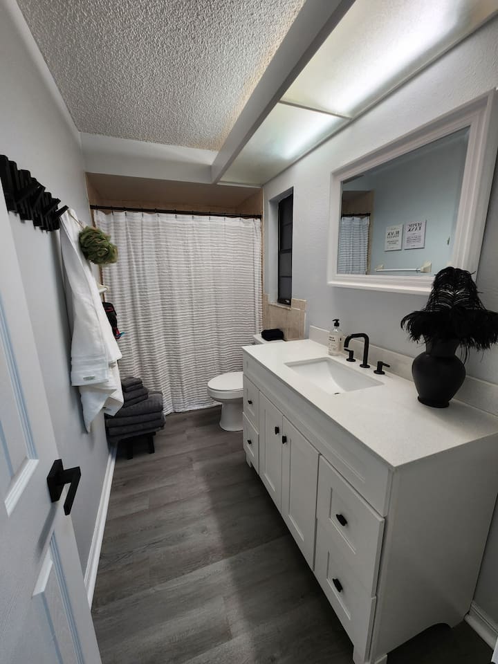 Spacious modern master bathroom with a large shower. Complimentary soap, shampoo and conditioner included. 
