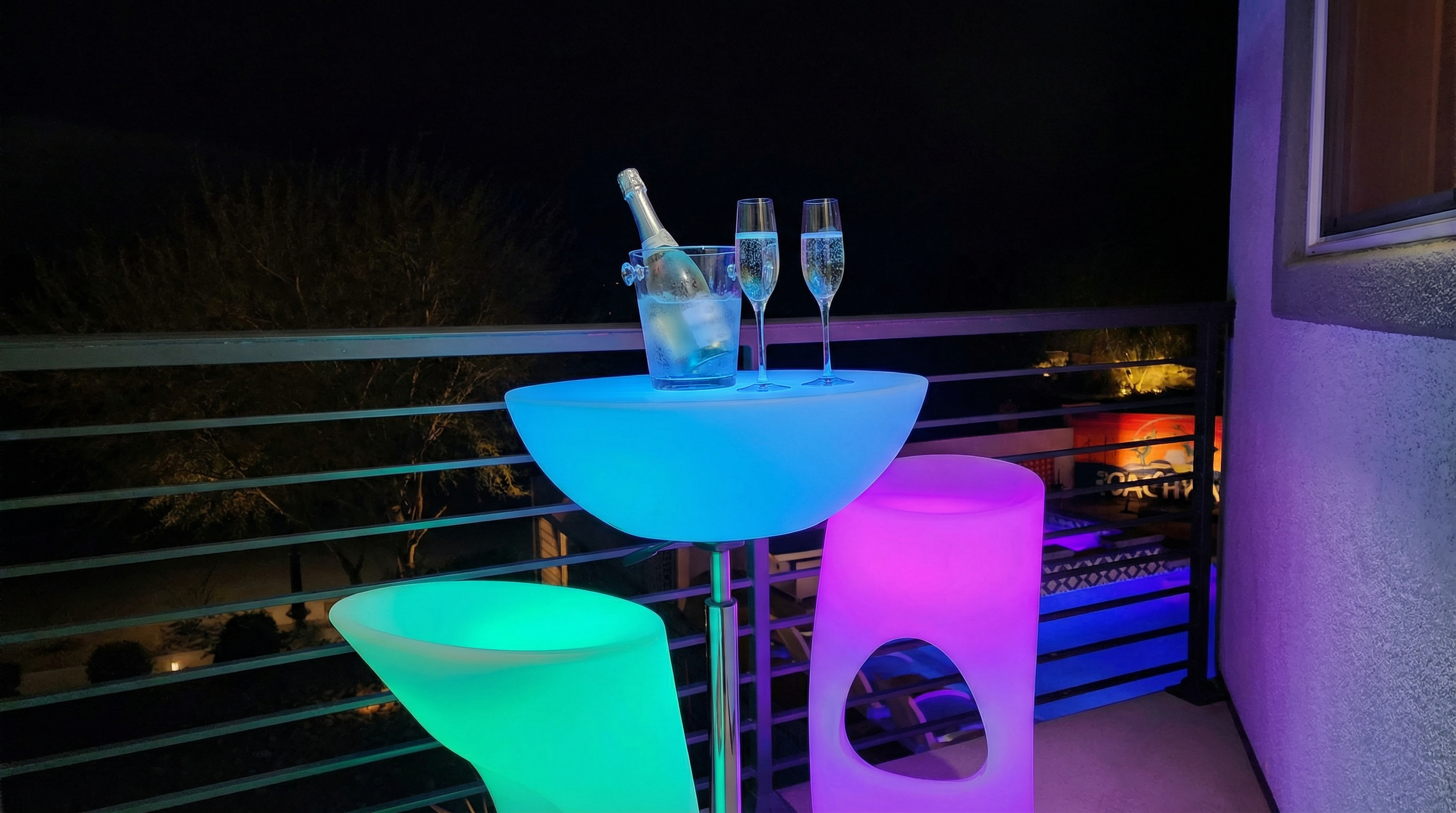 Upstairs patio overlooks the front courtyard and pool area.