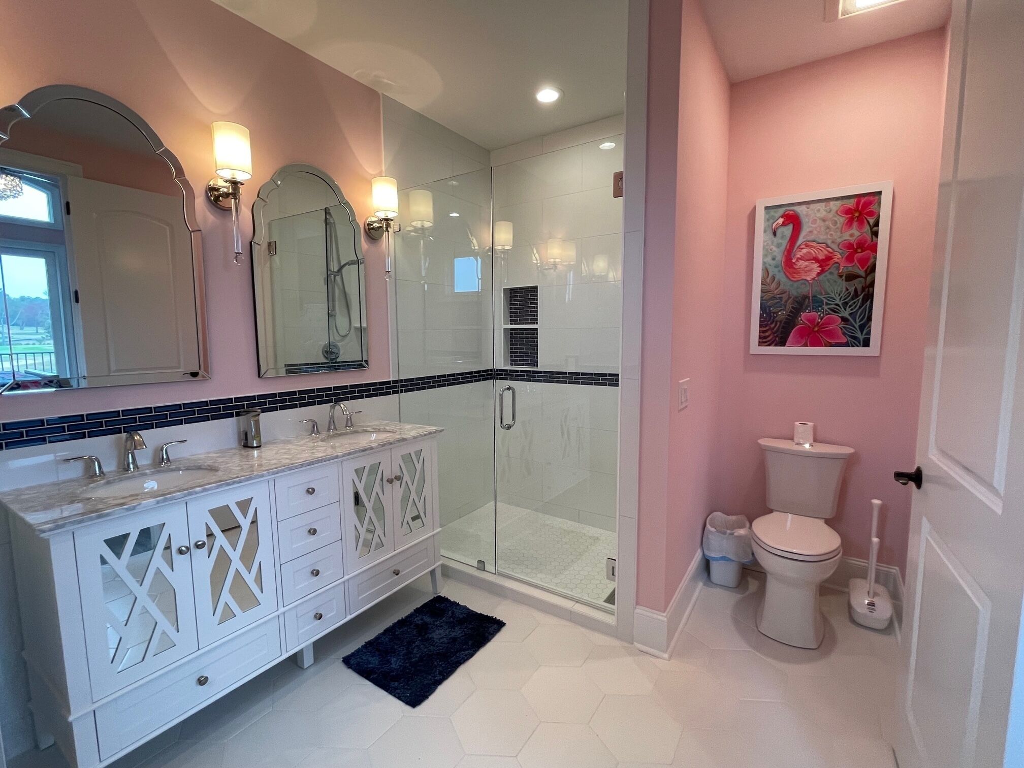 Private bath for Dancing with Flamingos Room-Double sink vanity & luxury shower