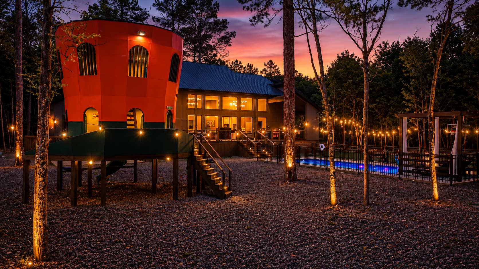 Outdoor Oasis: Enjoy vibrant sunsets and twinkling lights in this unique, family-friendly getaway!