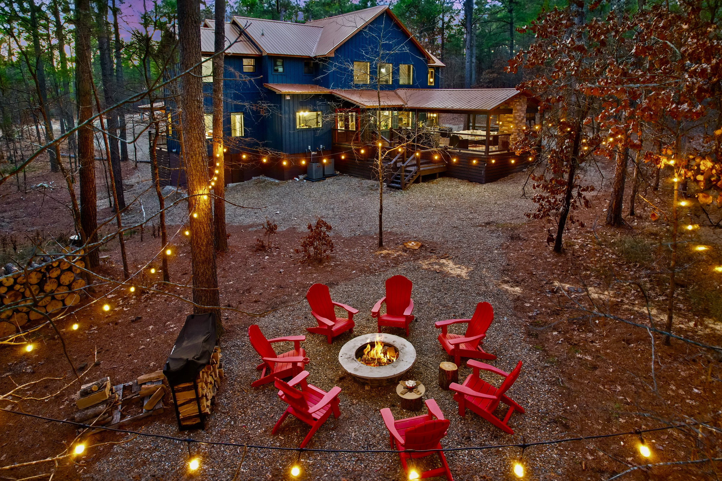 Cozy nights by the firepit under twinkle lights