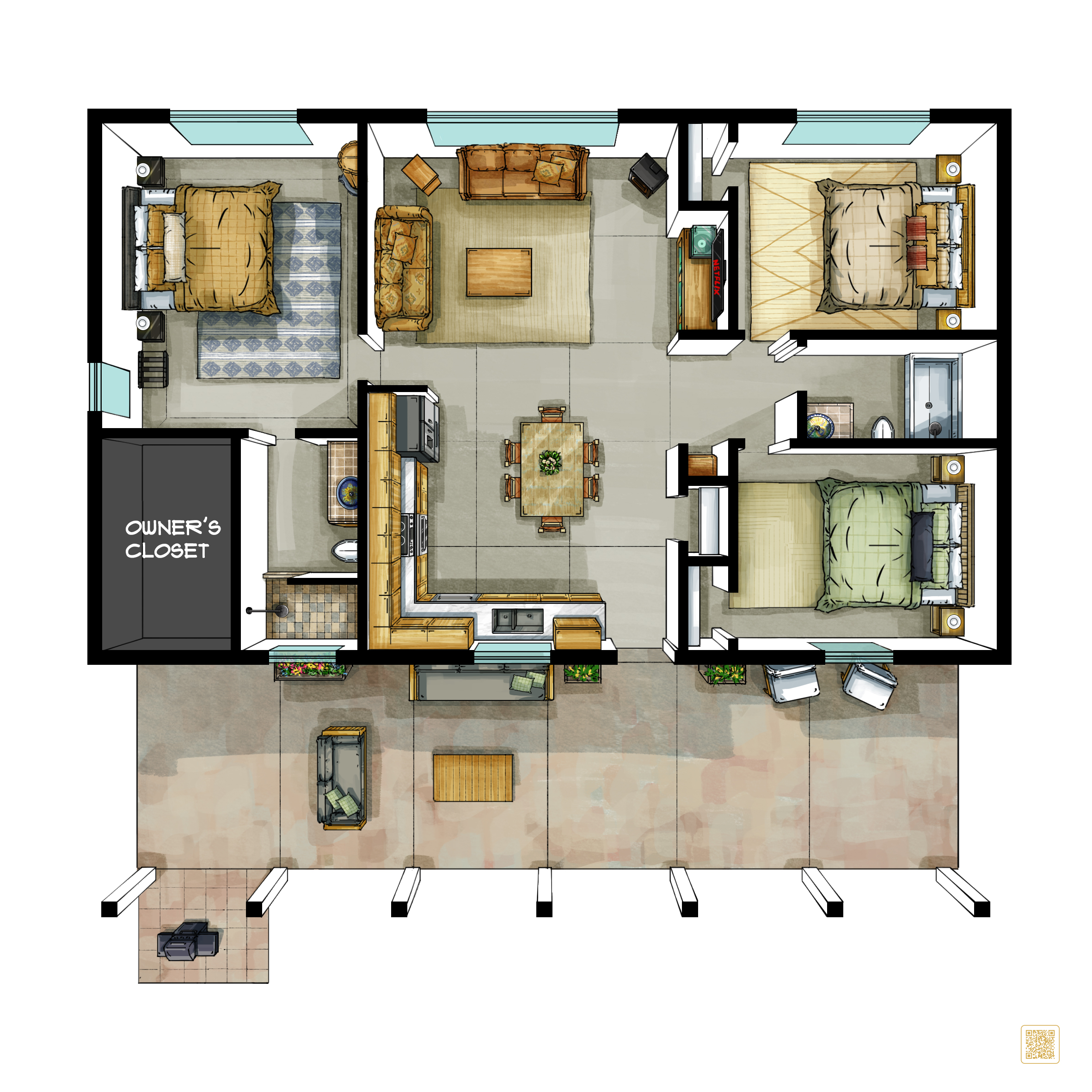 Floor plan showcasing split floor plan with Master Suite on one side and 2 other bedrooms on the other side. 