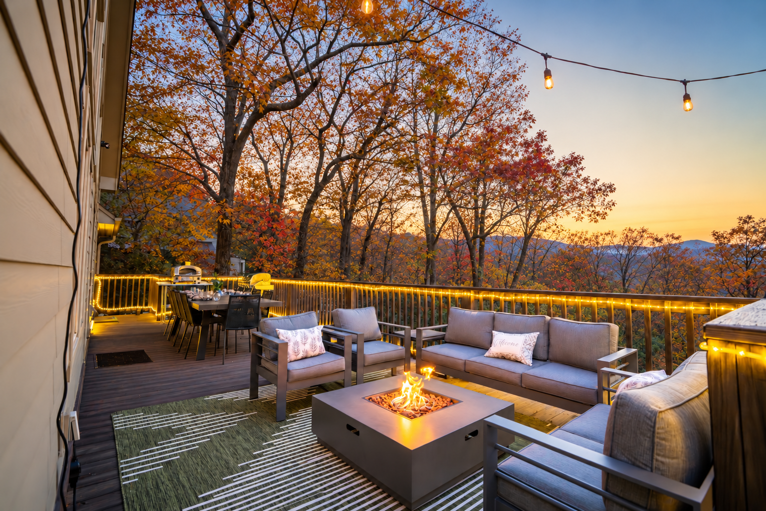 Relax by the fire or dine among the treetops with seasonal Blue Ridge mountain views.