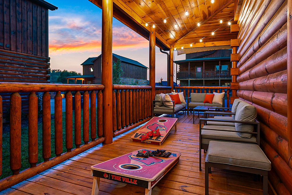 Corn hole and plenty of seating on the porch