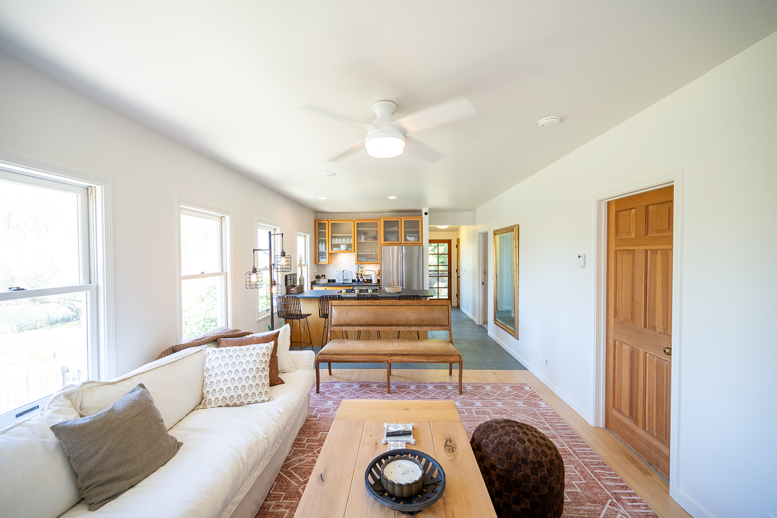 Bright and comfortable living space designed for relaxing after a day in Napa. Smart TV and large sofa couch and bench. Board games included for a night in. 