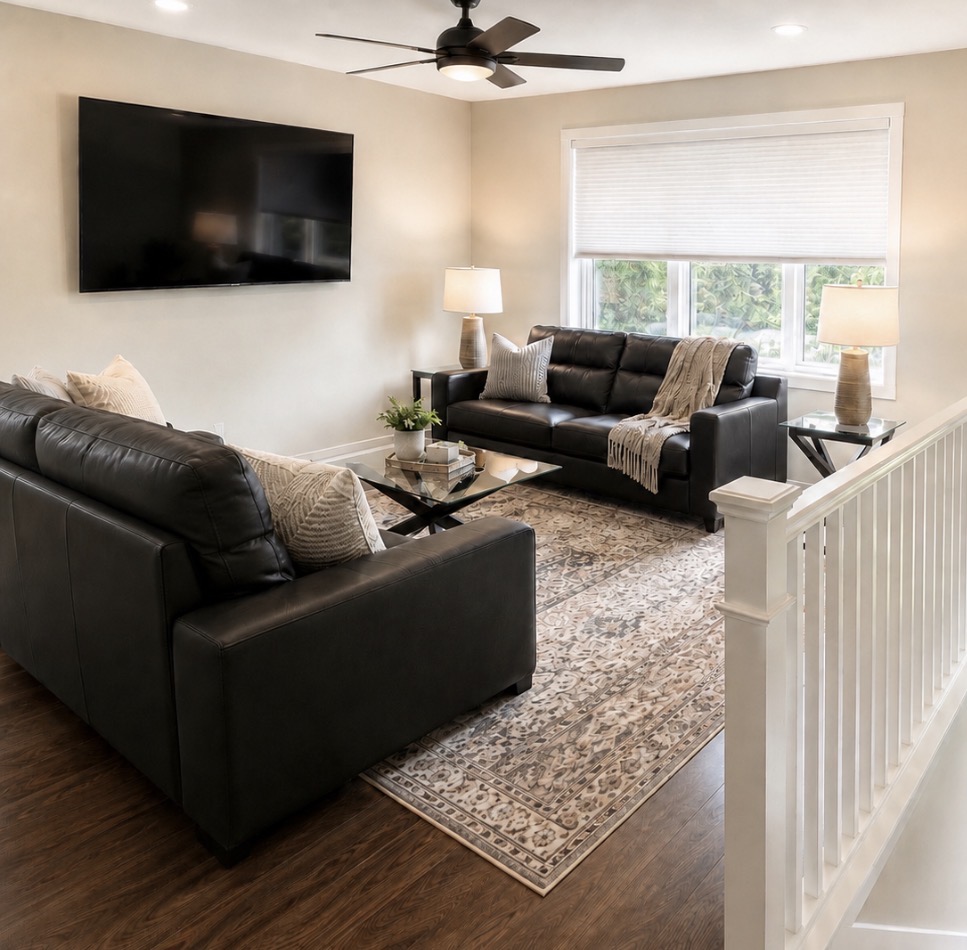 Comfortable living room with spacious seating, TV