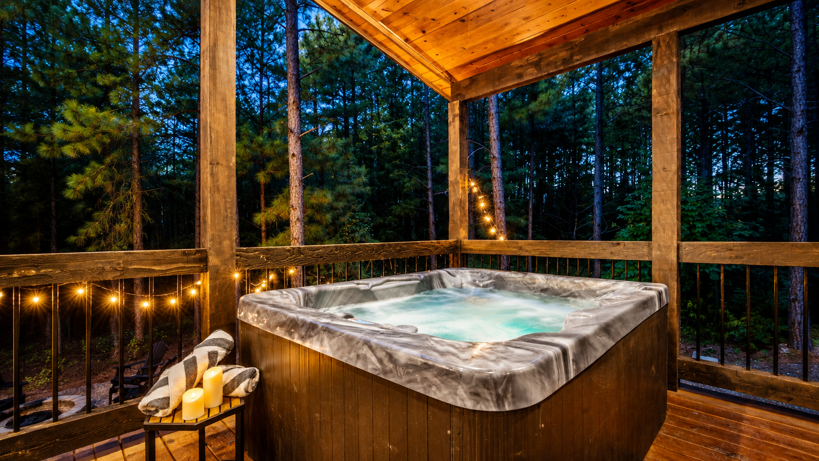 Sink into the hot tub beneath the pines, with peaceful woods behind you and nowhere you need to be.