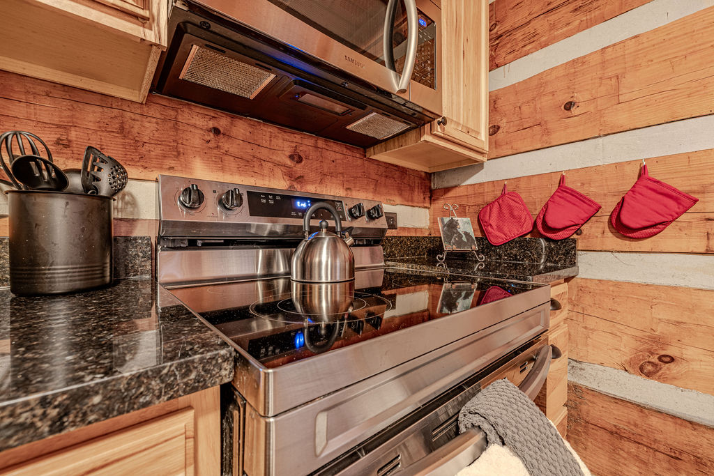 Modern stove with rustic touches and convenient cooking tools