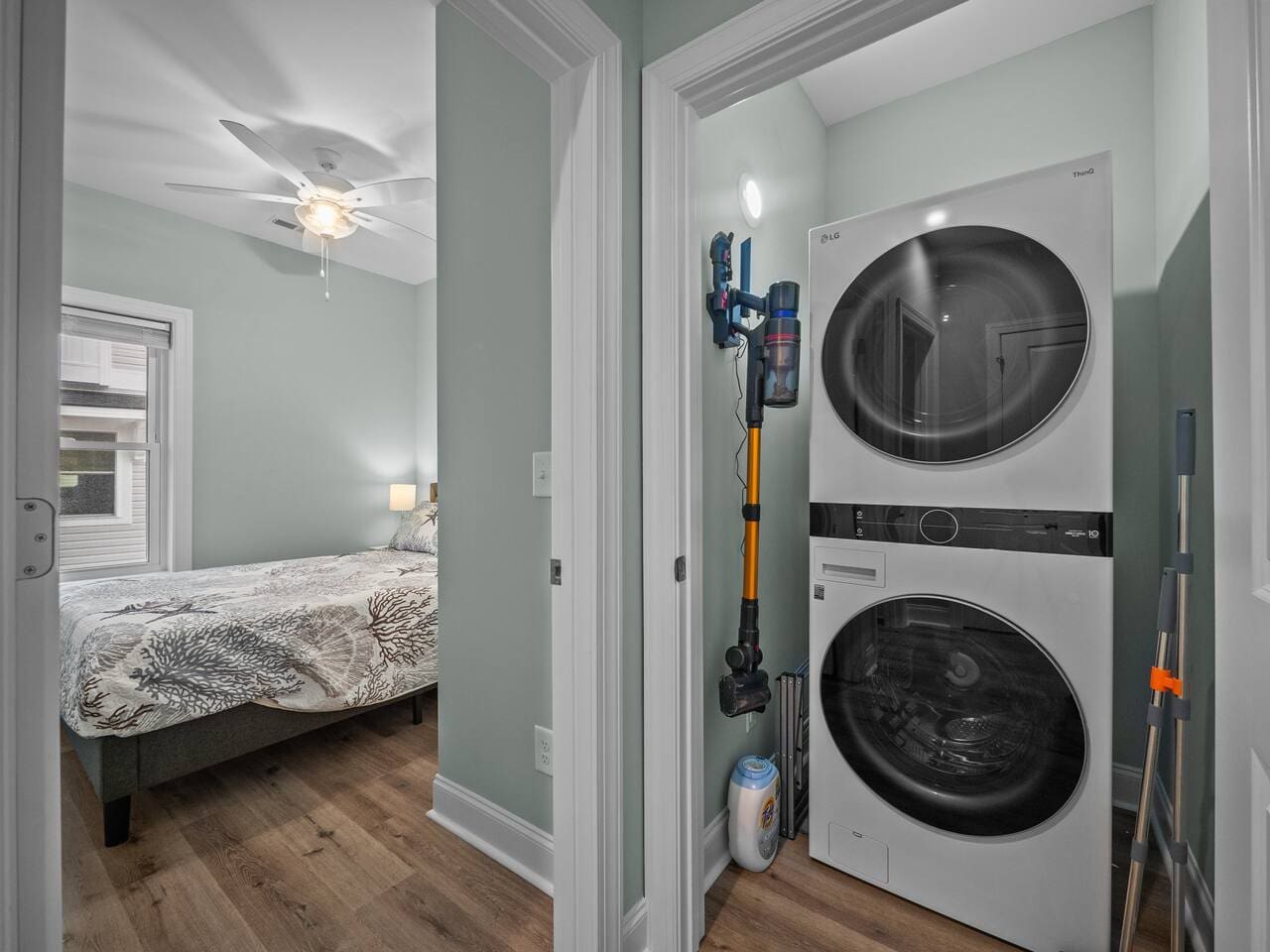 Full size washer and dryer on first floor outside queen bedroom