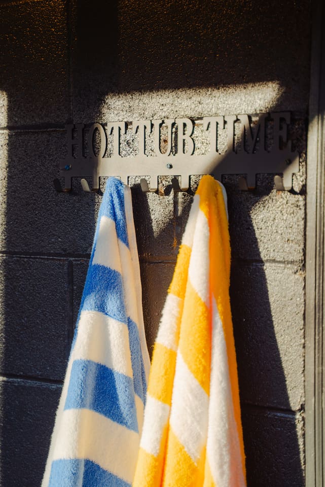 Colorful towels ready for your outdoor adventures or for a relaxing soak in the hot tub