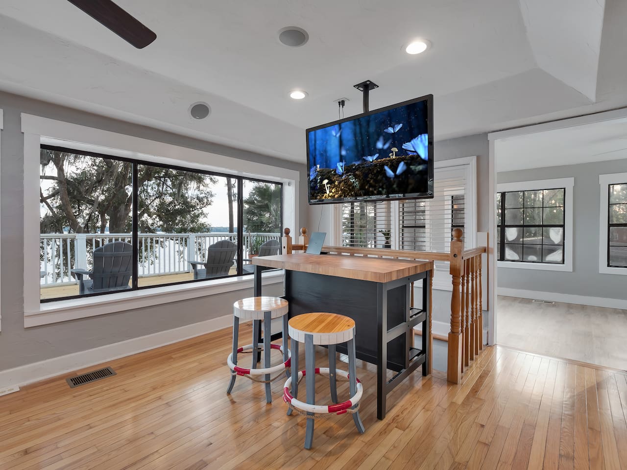 Pool table, lake view, stool seating, tv