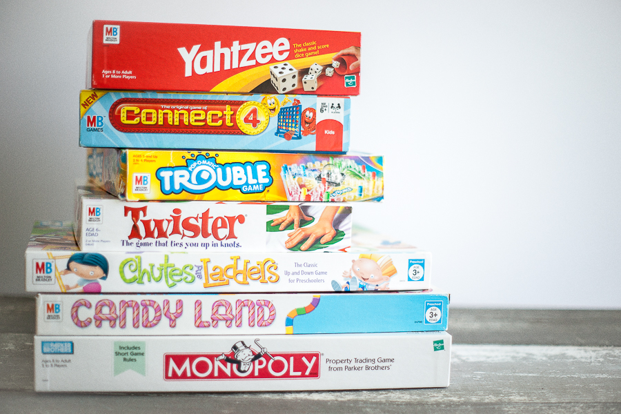 Lots and lots of kids and adult board games, cards and dice. 