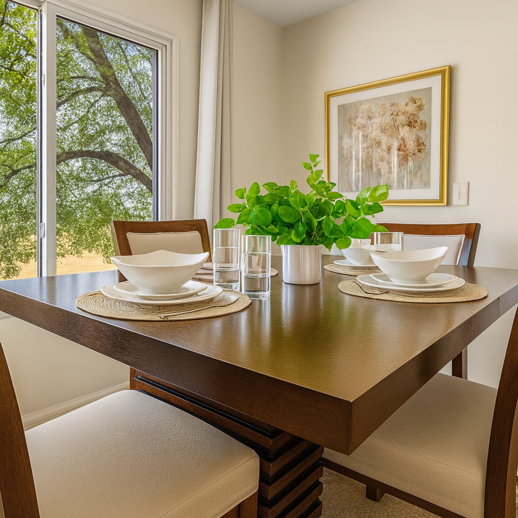 Cozy and colorful dining space with comfortable chairs and contemporary wall art.