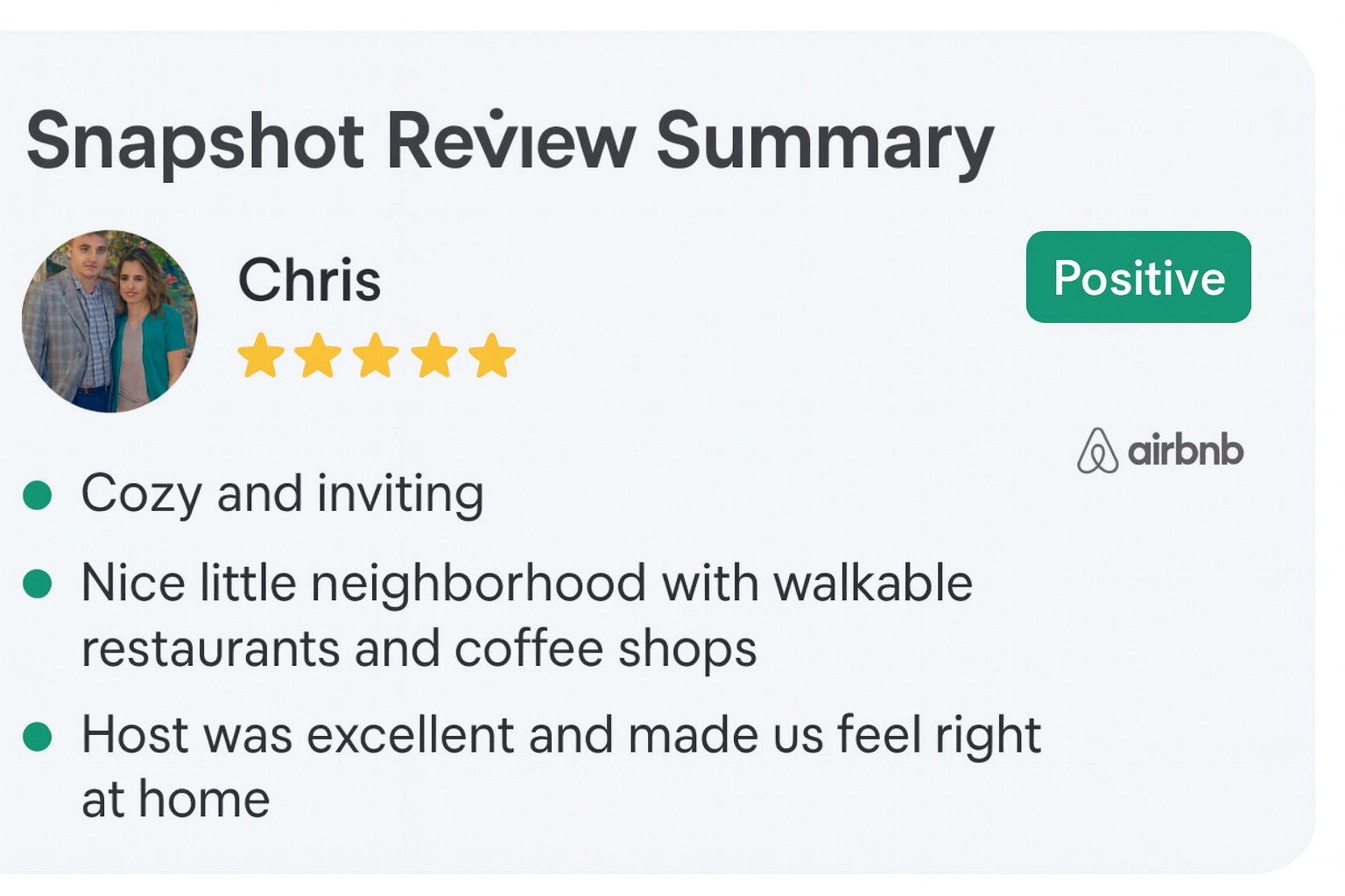 Chris from San Francisco shares a glowing 5-star review after a cozy stay with a pet — walkable neighborhood, great host, and all the comforts of home