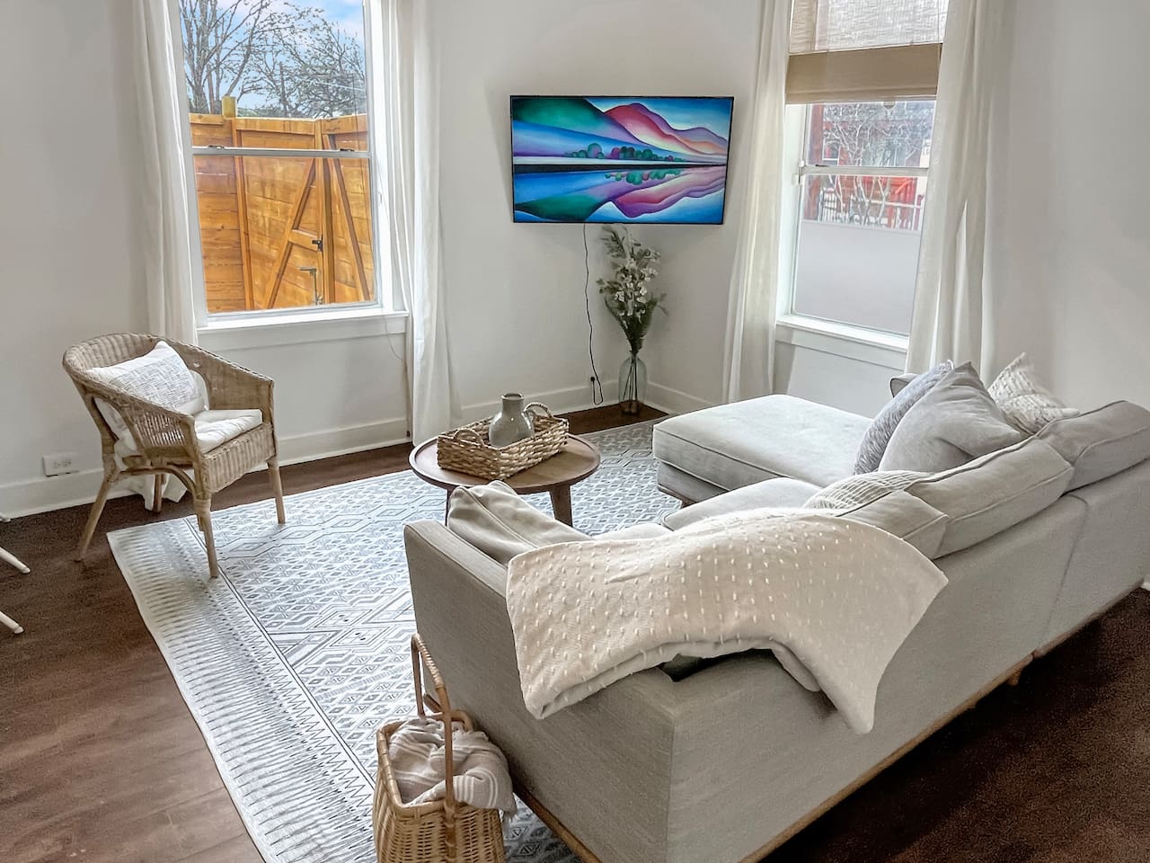 Relax on this comfy couch and stretch your legs on the attached chaise lounge.