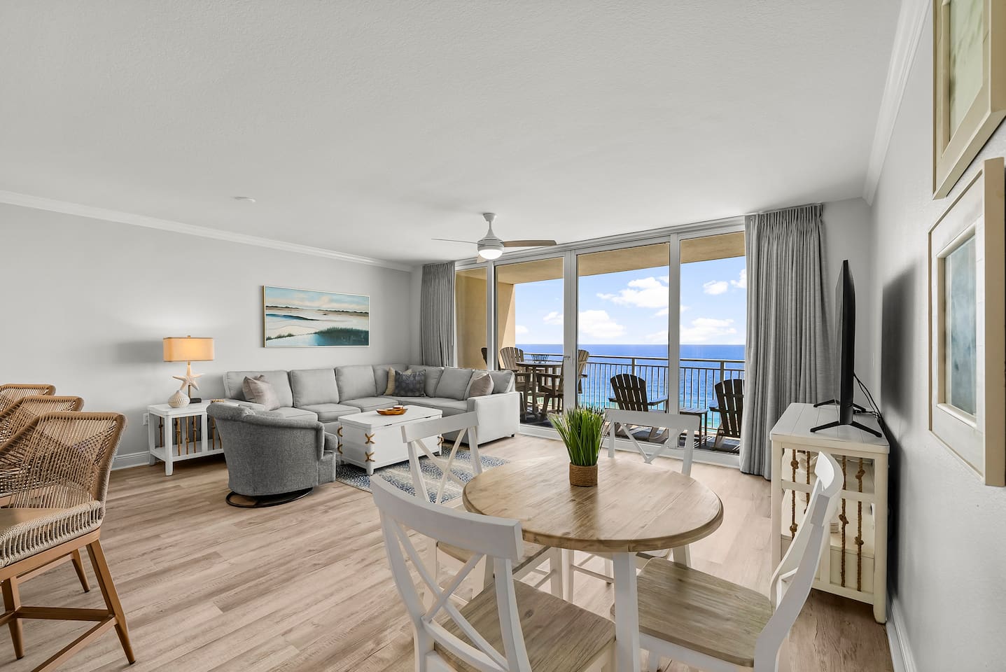 Spacious, sunlit living area with plush seating and breathtaking Gulf views. Step out onto your private balcony for coffee, cocktails, and endless ocean horizons—your beachfront escape starts here!
