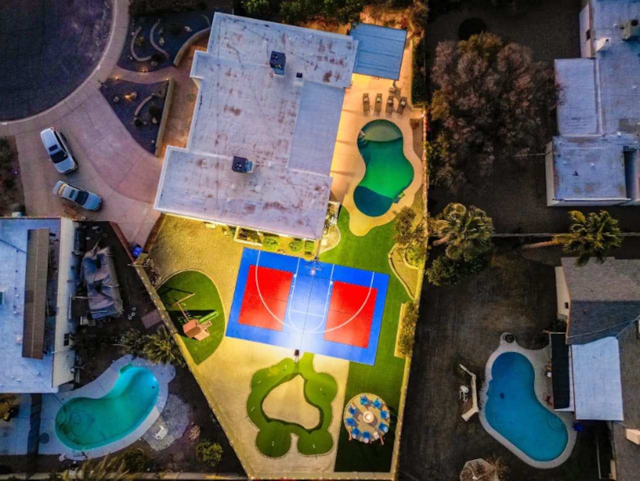 From above, the layout says it all — this isn't a backyard, it's a private resort.
