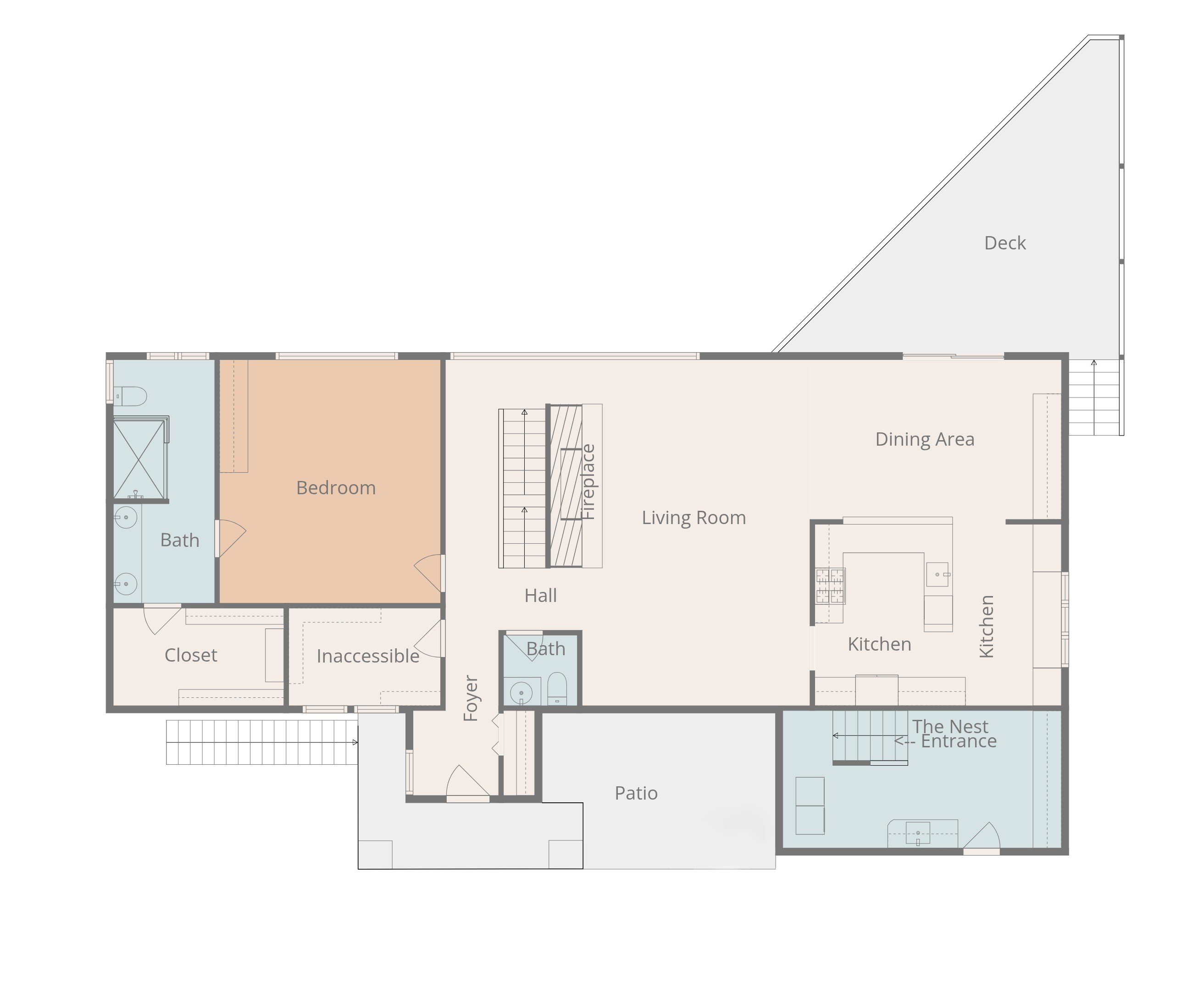 Hilltop Oasis's main floor plan. The main floor connects with The Oasis Abingdon (lower floor) with the internal stairwell near the fireplace.