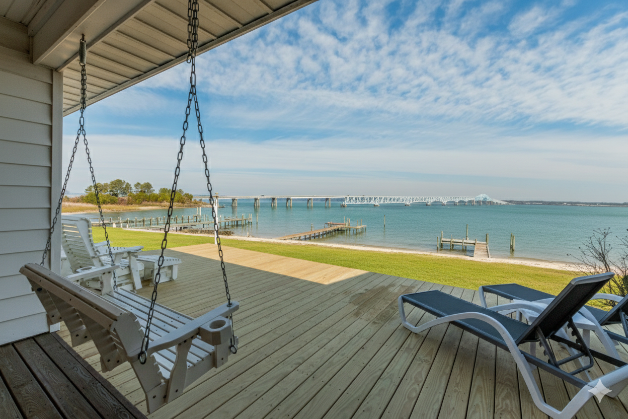 Waterfront Deck: Sip cocktails on the swings while soaking in stunning bay views!