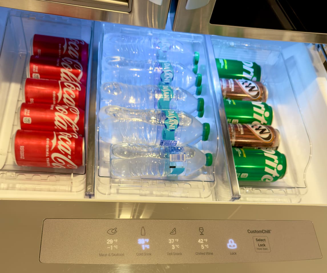 Complimentary bottled water and soft drinks are available in the refrigerator.