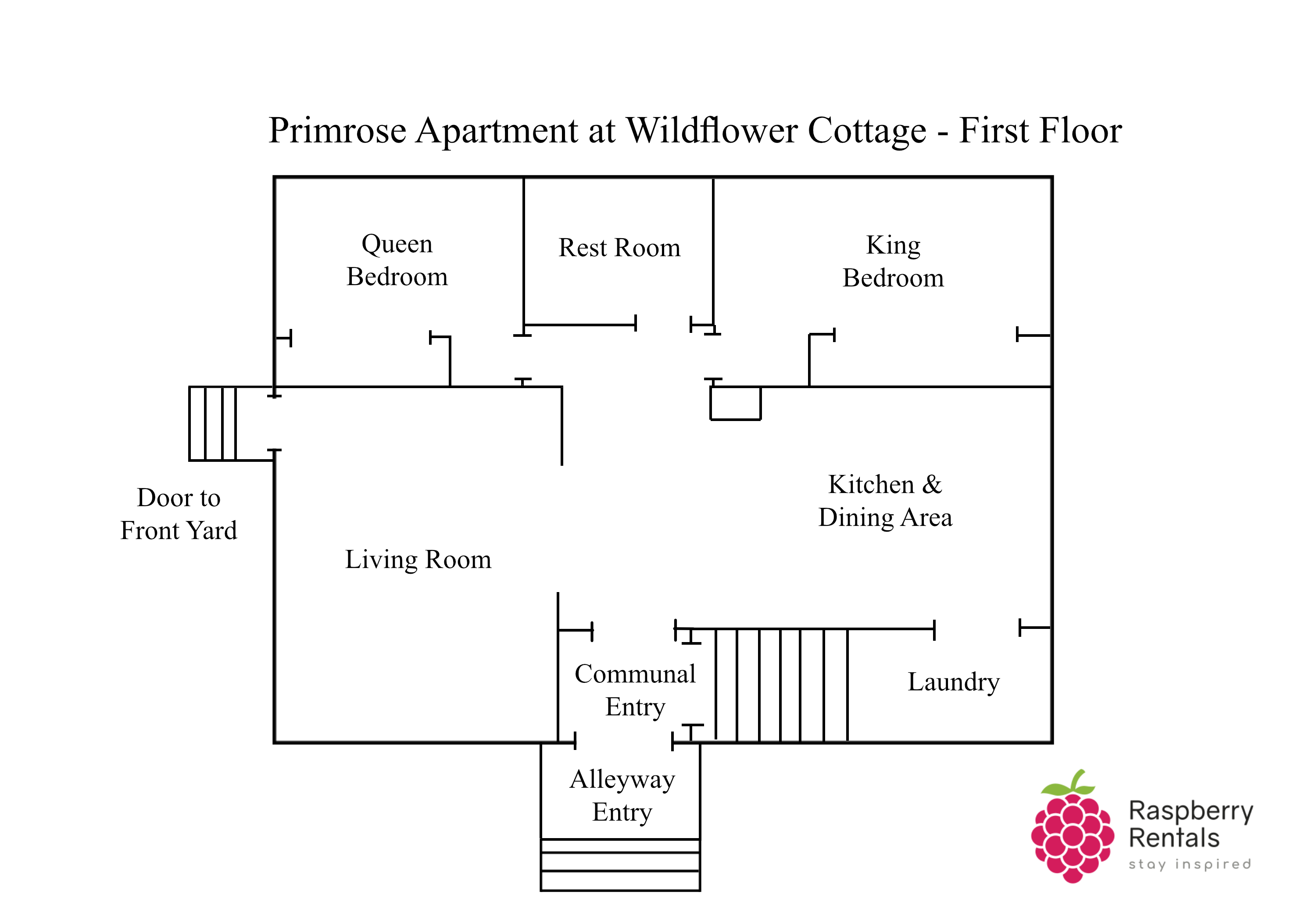 Floorplan showing entry to house off alleyway and front yard, entering into living room and kitchen, with one queen bedroom and one king bedroom, and a rest room between, as well as laundry off the kitchen.
