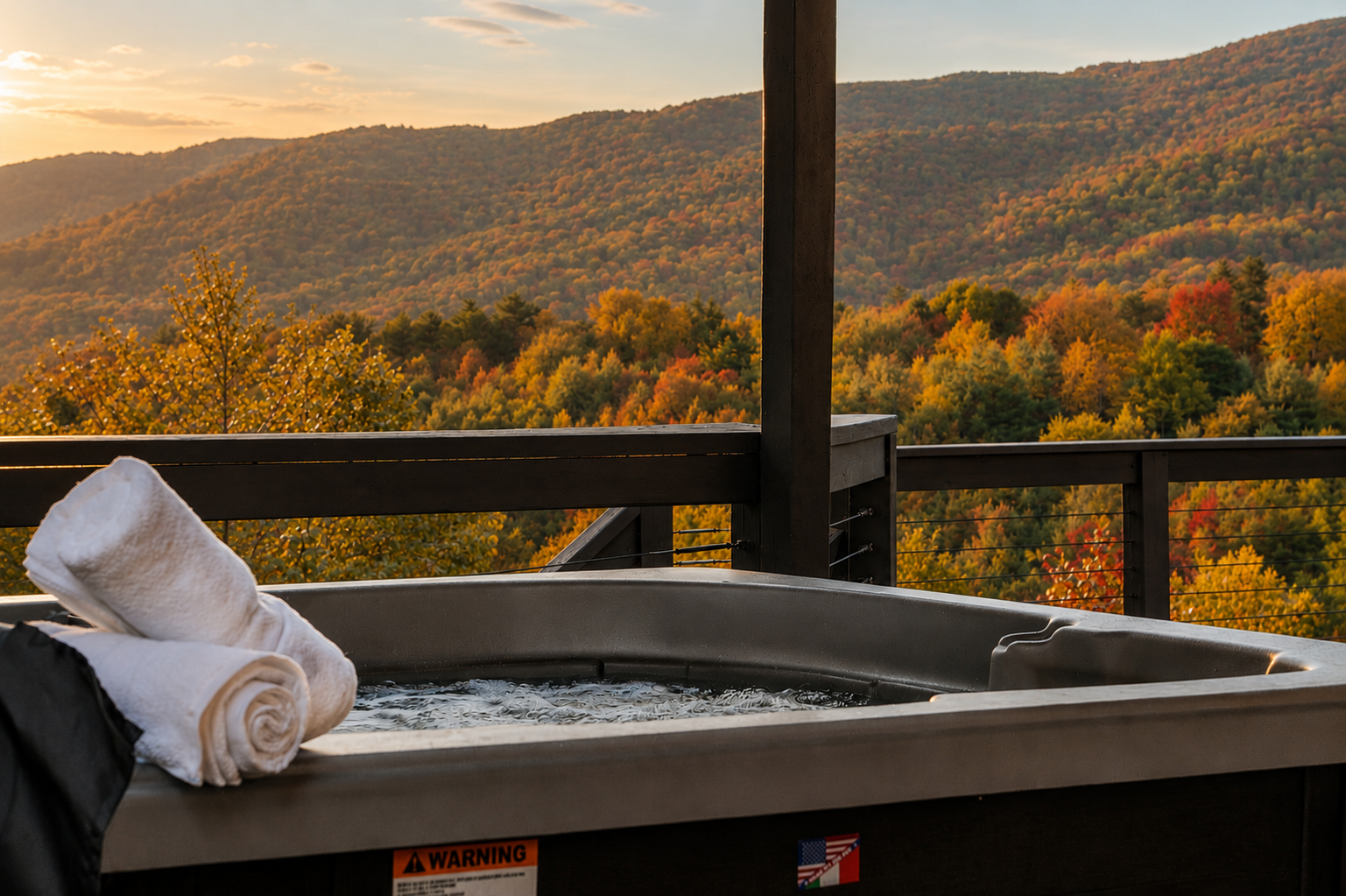 Soak in the hot tub while taking in sweeping fall mountain views and a peaceful golden-hour sunset.
