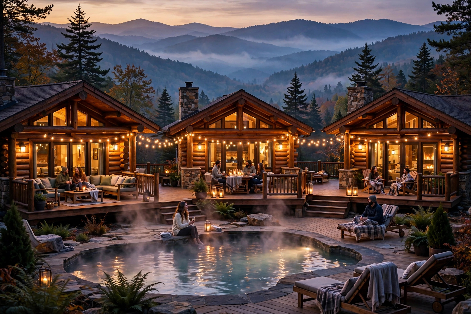 Illustration: three adjacent Smoky Mountain cabins glowing at dusk with a heated pool