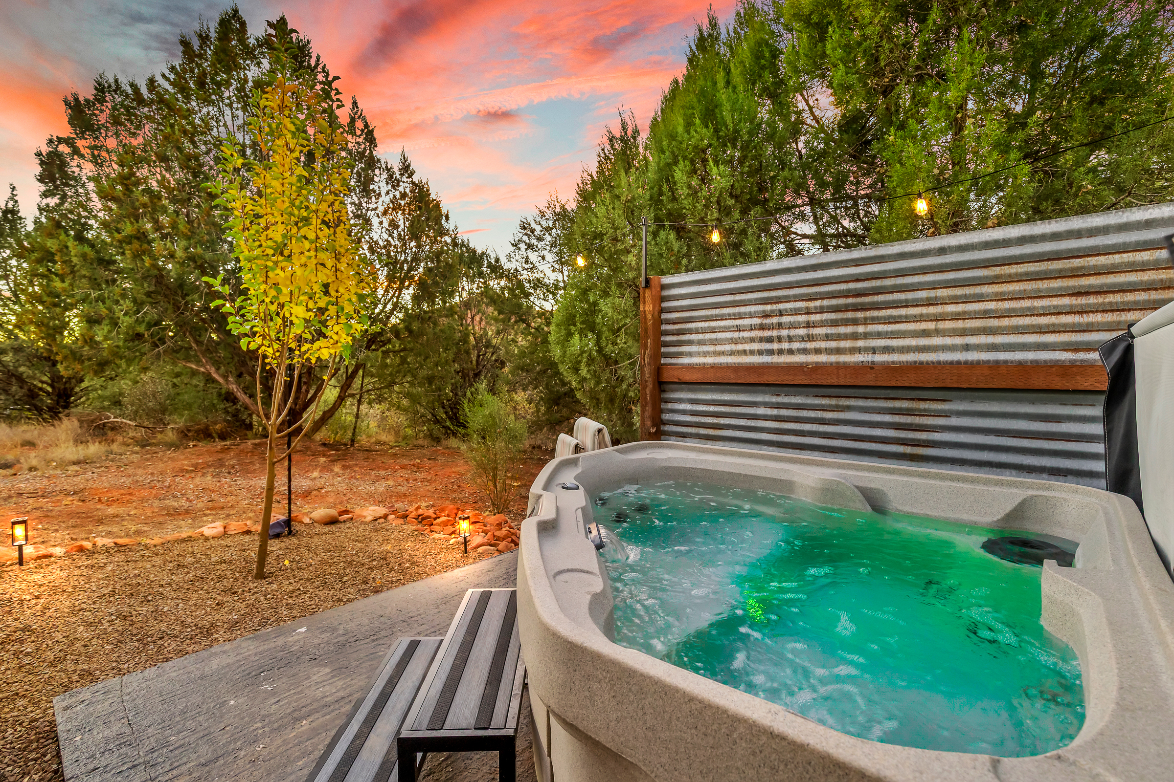 Private 2-person hot tub at the guesthouse, perfect for unwinding under the stars after a day of Sedona adventure.