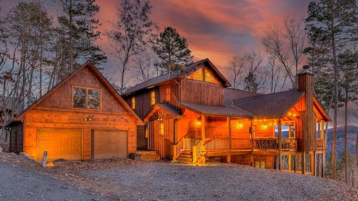 Sunset view of our Blue Ridge Mountains cabin exterior.