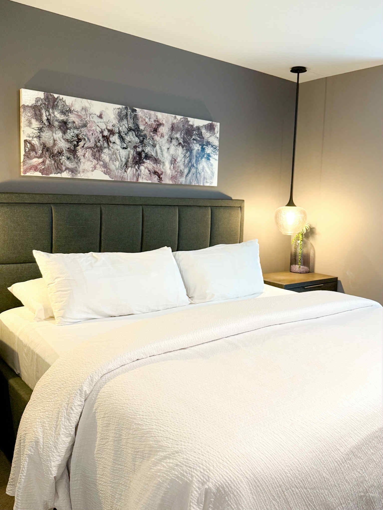 King bed. Streaming TV. Darkening blinds.