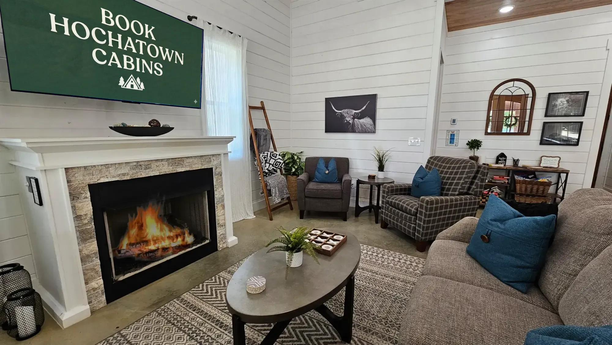 Indoor living room with fireplace and plush seating for relaxing nights in