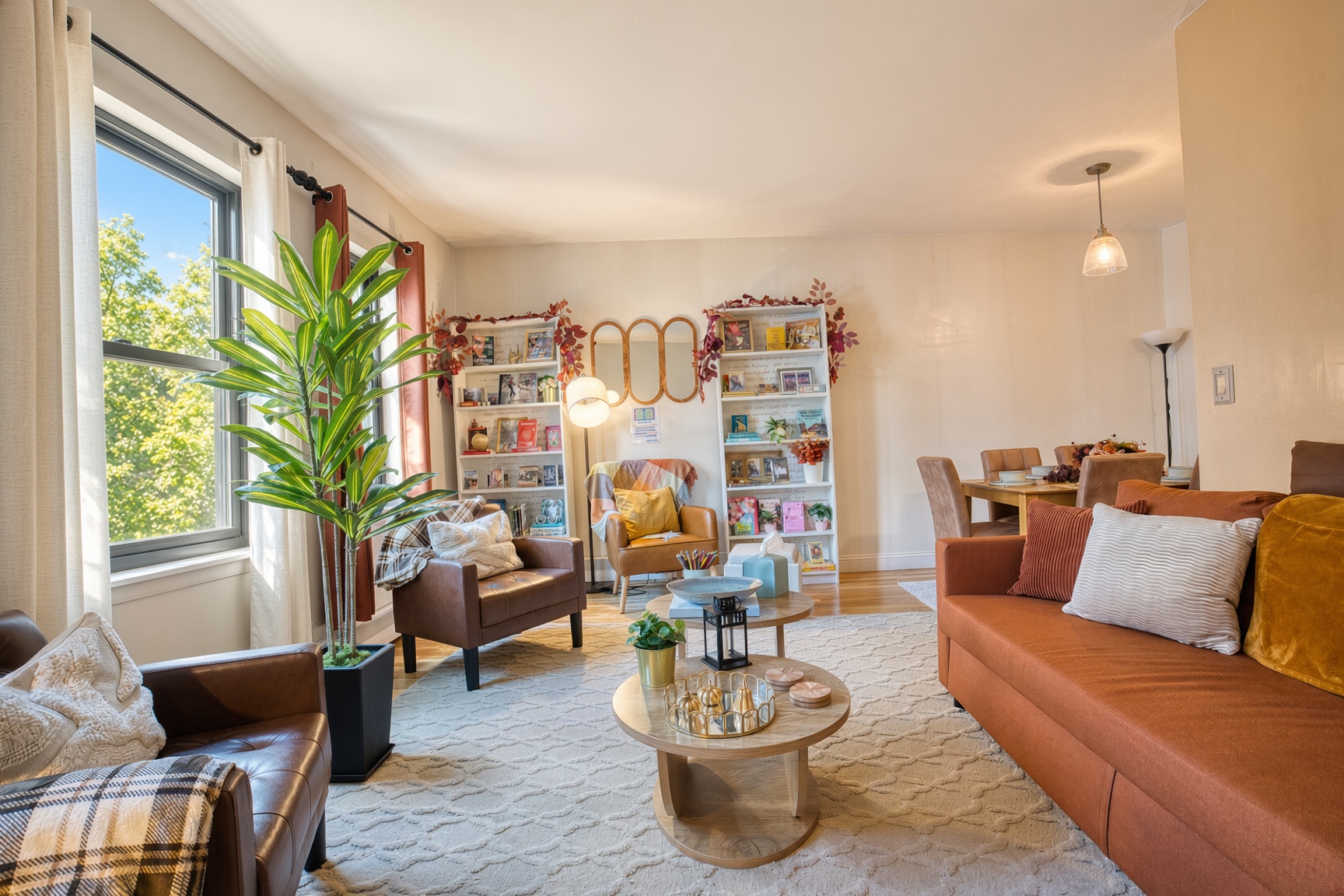 Spacious living room with 65" TV, sleeper sofa, decorated playfully. 