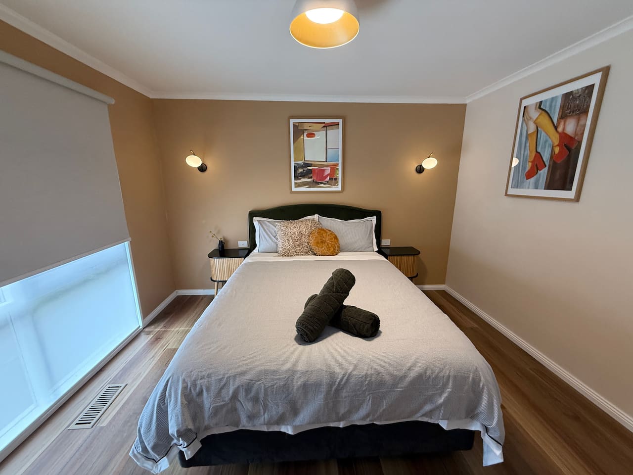 The Queen bedroom is a beautiful peaceful space, also with high thread count bedding, motorised blinds and large cupboards. Very effective ducted heating and cooling ensures you're always comfortable in any room.