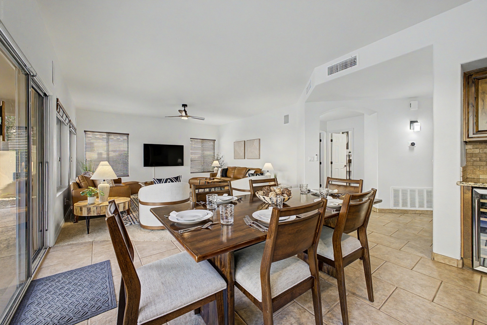 Open Kitchen, Living Room & Dining Area: Bright and airy space with stylish decor for memorable gatherings!