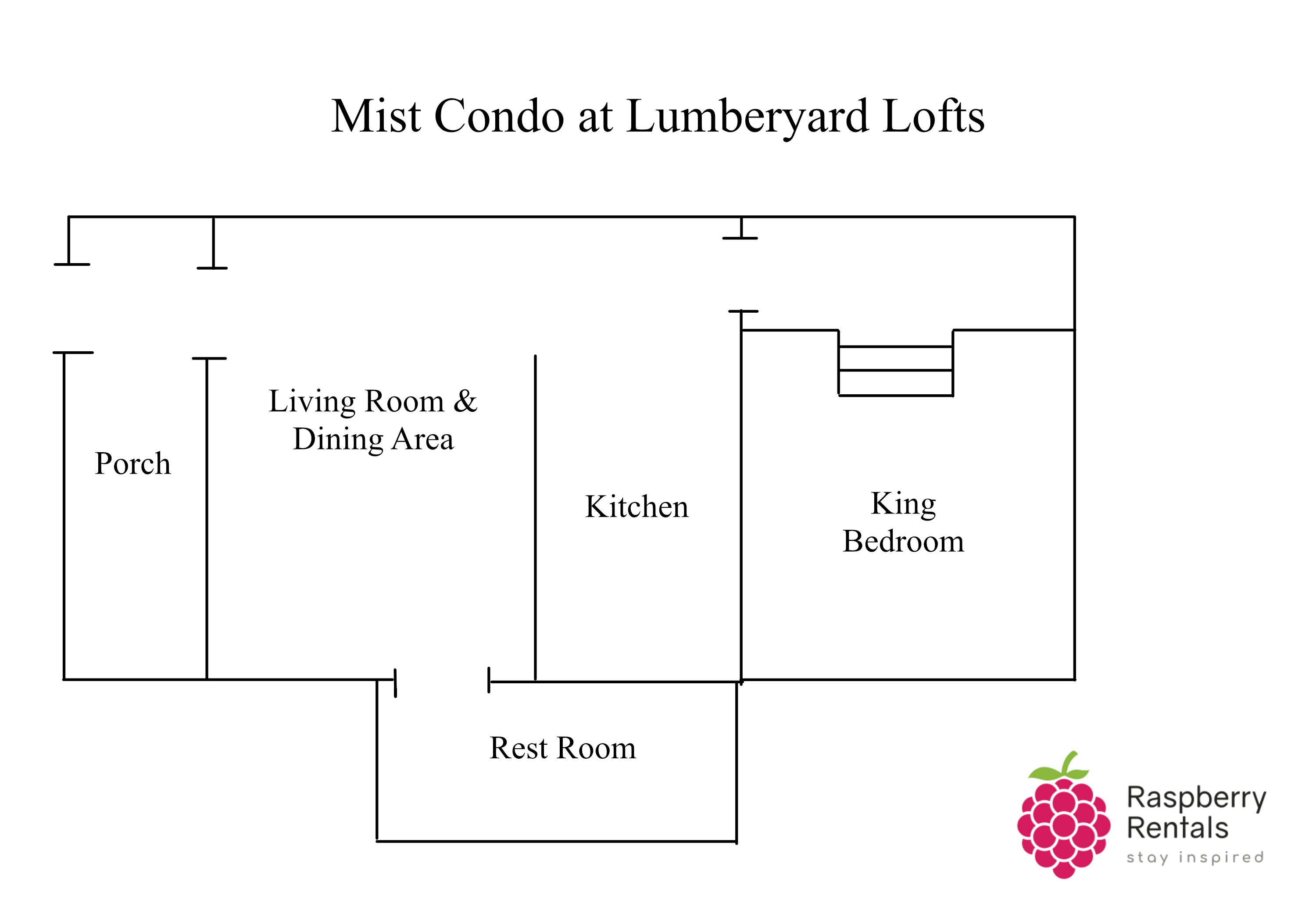 Floorplan for Mist Condo showing entrance on a front porch into the living room and dining area, with a rest room to the right, then further from the door is the kitchen, then the recessed king bedroom.