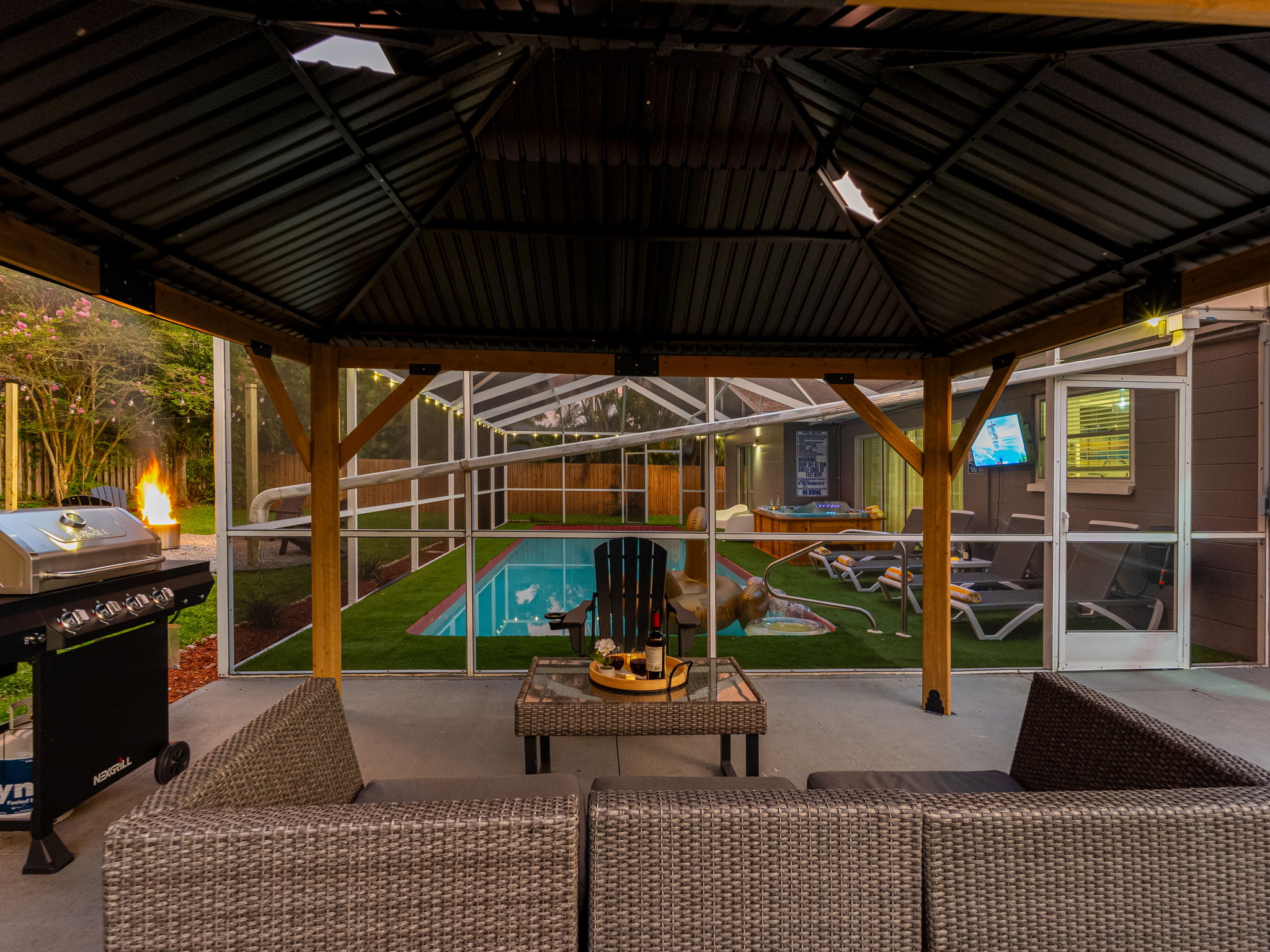 With comfortable seating and a protective canopy, this spot is ideal for game nights, happy hours, or casual hangouts with the whole crew.