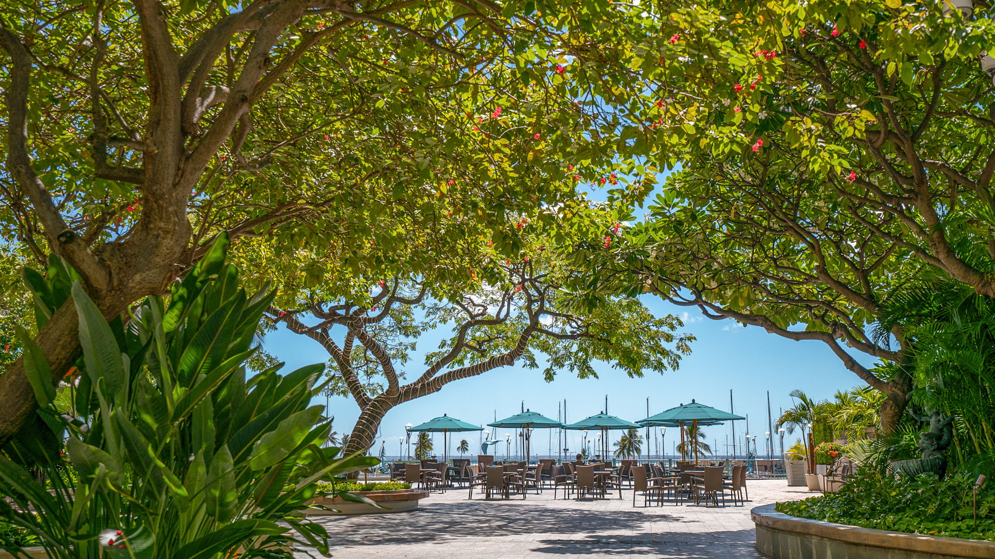 Back outdoor deck with seating on the lobby level.  Enjoy local Hawaiian music and hula and view the Fireworks show from the deck on Friday nights