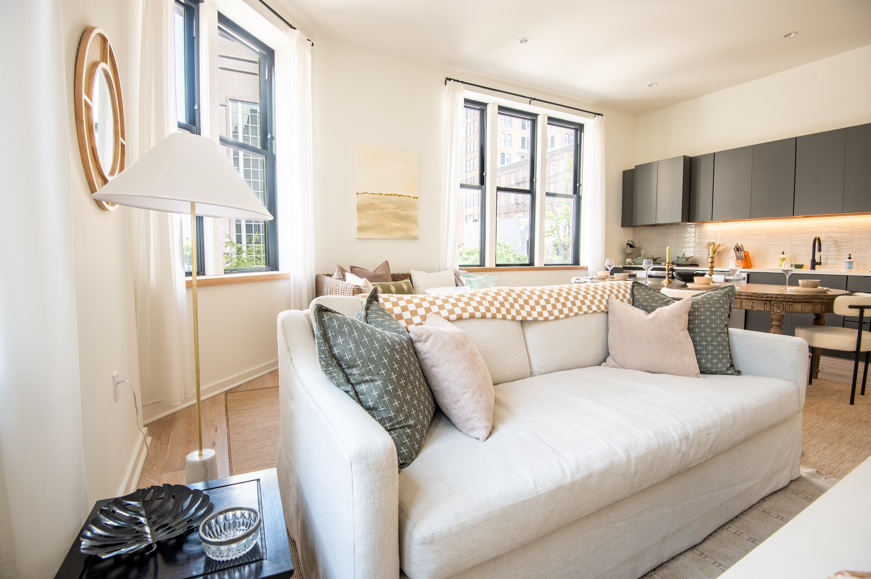 Bright open living area with stylish décor and natural light