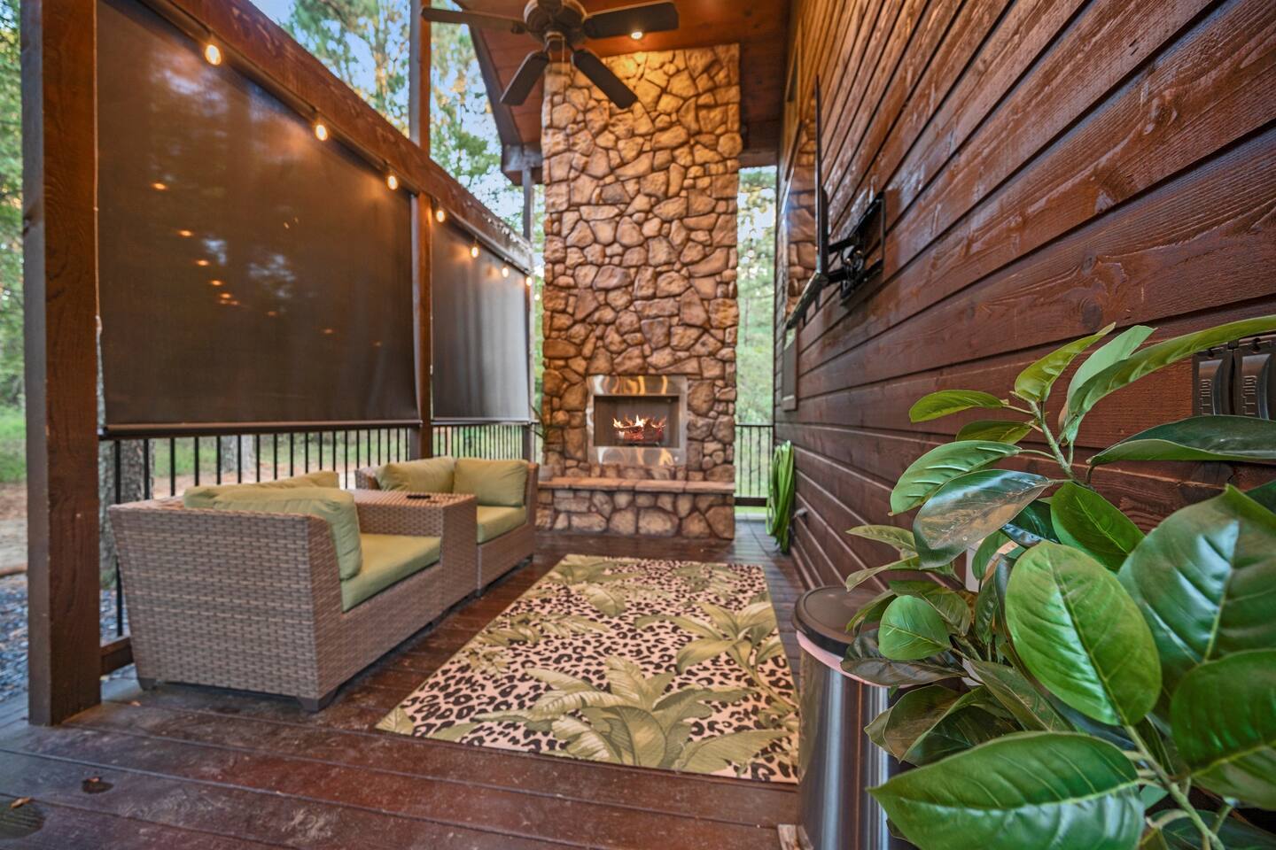 Gather around the stone-surrounded fireplace for intimate conversations and peaceful moments.