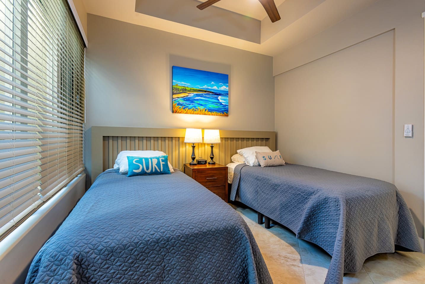 the second bedroom features two txin XL size beds that can be pushed together on request (prior to guest's arrival)