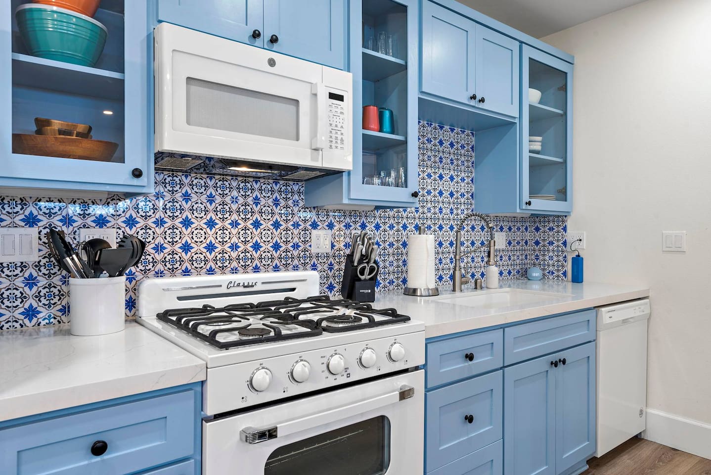 The kitchen is fully equipped enough to prepare almost any meal.  It also has quartz countertops, new appliances, and a fridge with filtered water and ice.