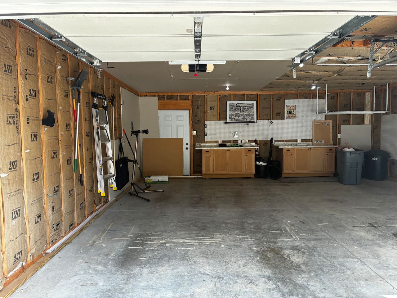 Two car garage with two work benches